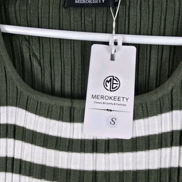 MEROKEETY Ribbed Knit Striped Women's Midi Sweater Dress Green White S Side Slit - Picture 5 of 10